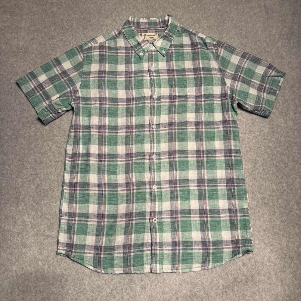 Weatherproof Vintage Casual Short Sleeve Shirt Medium Green Plaid Linen Button
